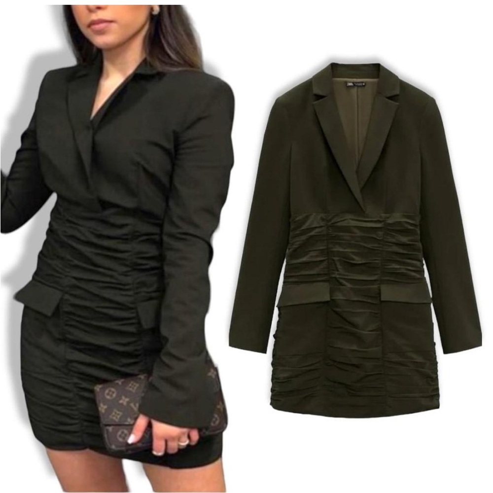 Zara Dark Green Ruched LongSleeved Collared Dress